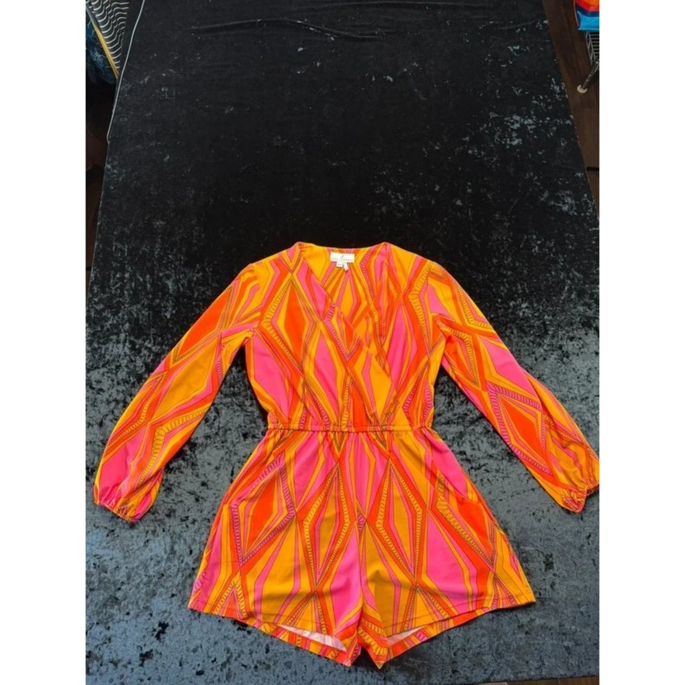 Jude Connally Romper XS Pink Orange Geometric Long Sleeve Stretch USA Made - Picture 5 of 11